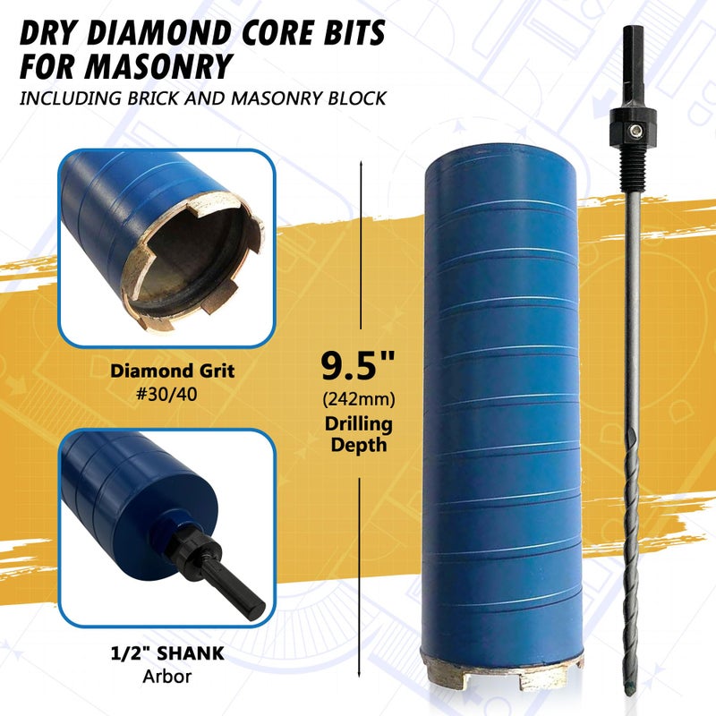 EDiamondTools 3" Dry Diamond Core Drill Bits for Brick and Block with 1/2" Shank Pilot Bit Adapter, 9.5" Drilling Depth, 5/8"-11 Arbor - Image 2